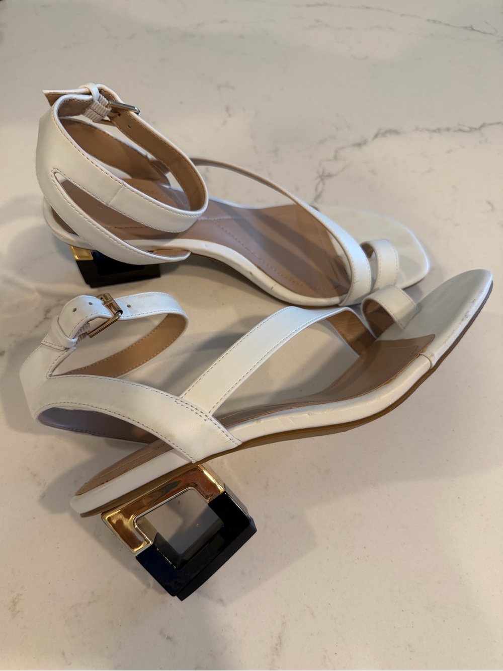 Women’s White Ankle-Strap Sandals with Geometric Block Heel